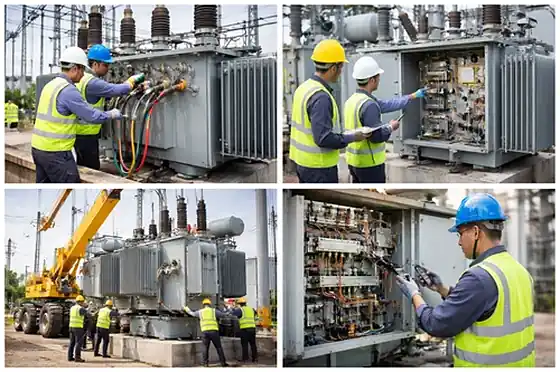 Transformer works — technicians installing, wiring and commissioning power transformers